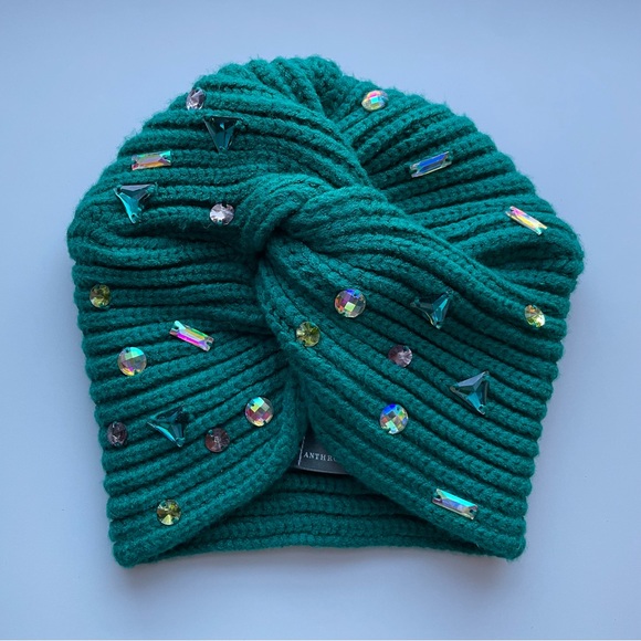 Anthropologie Accessories - NWOT Anthropologie Perrie Luxe Embellished Turban Beanie Winter Hat in Turquoise